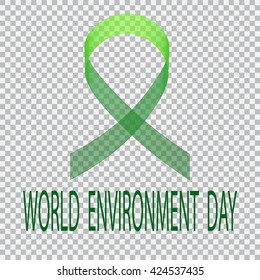 Green ribbon on a plaid background. Environment Day. Vector illustration: