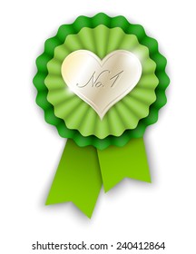 green ribbon rosette with golden heart and text No.1, vector illustration, eps 10 with transparency and gradien mesh