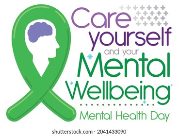 Green ribbon with side view face silhouette with brain shape, promoting mental well-being and self-care during Mental Health Day celebration.