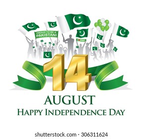 Green ribbon with Silhouette Pakistani citizen celebrating 14th August Happy Independence day with waving flag & balloon, vector illustration