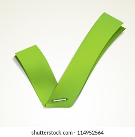 Green ribbon stapled to a white sheet forming a tick. EPS10 vector.