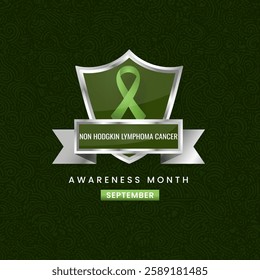 A green ribbon, the symbol of International Non Hodgkin Lymphoma Cancer Awareness Month, displayed on a silver shield with a floral background.