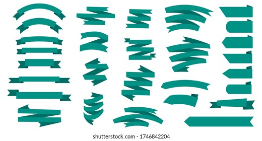 Green ribbons, banners. Curved, wavy ribbons on a white background. Vector image. Stock Photo.