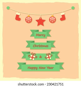 green ribbons Christmas tree, gift boxes, Christmas balls and pair of sock hanging light vintage background. vector.