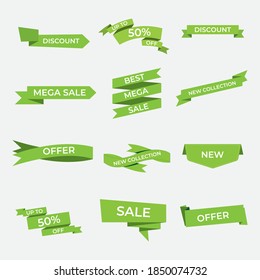 conjunto de iconos planos de cintas verdes. tarjetas de precios, etiquetas especiales de oferta y descuento. plantillas de promoción y elementos de diseño Vector