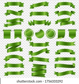 Green Ribbons And Labels Set Transparent Background, Vector Illustration