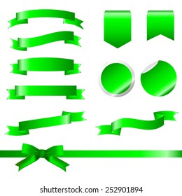 Green Ribbons Set isolated On White Background. Vector Illustration