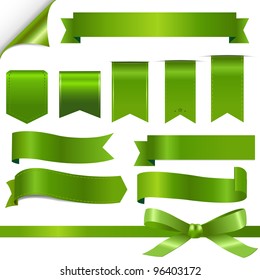 Green Ribbons Set, Isolated On White Background, Vector Illustration