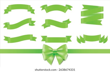 Green Ribbons Set Isolated White Background With Gradient Mesh, Collection with Eco tags and labels and stickers, Sale icons, Green Tags And Ribbon, Set of green bow with horizontal green ribbons.
