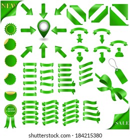 Green  Ribbons Set and marker with 3d arrow, Isolated. Vector