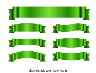 Green ribbons set. Satin blank banners collection. Design label scroll blanks element, isolated on white background. Empty template for greeting, advertising. Symbols decoration. Vector illustration
