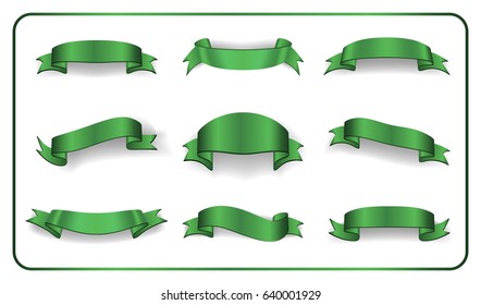 Green ribbons set. Satin glossy bow blank banners. Design label scroll blank elements isolated on white background. Empty template for decoration Vector illustration