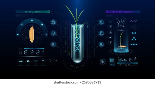 Green rice seedling DNA helix structure in transparent glass test tube. Plant wheat seeds roots growth genetic modification experiment for cultivation. Biotechnology agriculture. Scientific. Vector.