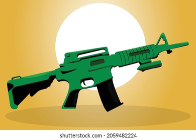 Green rifle and sunset background.