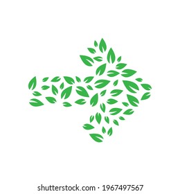 Green Right Arrow Made Of Leaves. Isolated On White. Continue Icon.  Next, East Arrow. Leaf Ecology, Natural, Organic Symbol