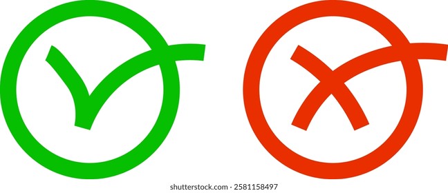 Green right and red wrong icon on circles. Selection characters yes and no in circles on white background