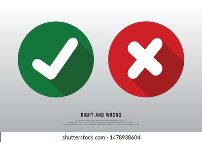 Green right and red wrong icons. Yes and no symbol. Check box. Icon wrong. Icon correct. Button true false. vector -  illustration