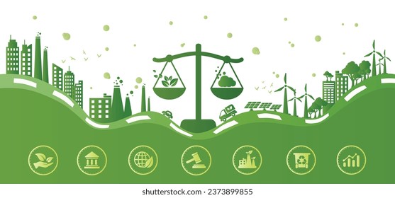 Los derechos verdes y la ley o el derecho ambiental para una mejor vida con un futuro ecológico y sostenible. Plantilla de entorno verde con iconos aislados. Infografía plana moderna, ilustración vectorial.