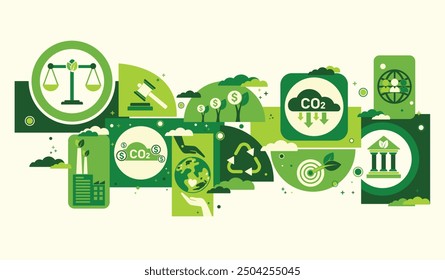 Derechos verdes y legislación o legislación ambiental para vivir mejor con un futuro ecológico y sostenible. Plantilla de ambiente verde con iconos aislados. Infografía plana moderna, Ilustración vectorial.