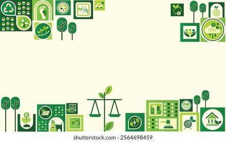 Green rights and law or environment law for eco friendly and sustainable future. The concept of carbon credit and carbon footprint with icons to drive industry to low emissions and carbon solution.