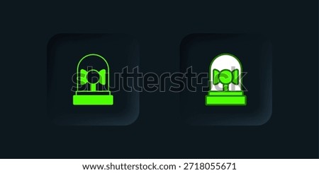 Green Ringing alarm bell icon isolated on black background. Fire alarm system. Service bell, handbell sign, notification symbol. Black square button. Vector
