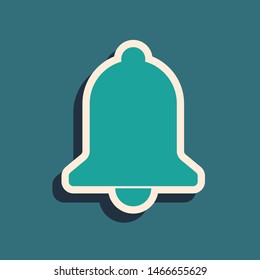 Green Ringing bell icon isolated on blue background. Alarm symbol, service bell, handbell sign, notification symbol. Long shadow style. Vector Illustration