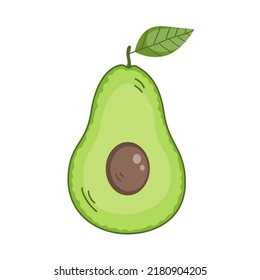Vocado verde maduro con hoja. La mitad cortada con pulpa. Alimentos dietéticos saludables. Ingrediente culinario. Cocina. Ilustración vectorial plana aislada en fondo blanco