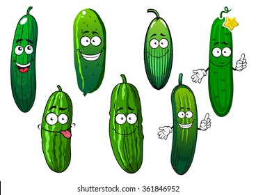 Green ripe cucumber vegetables cartoon characters. Healthy vegetables for agriculture harvest, recipe book and vegetarian food design