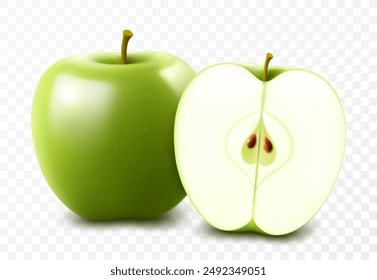 Green ripe juicy apple isolated on transparent background. A whole apple and a half of a delicious apple. Realistic 3d vector illustration. Template for your design