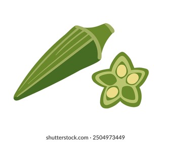 Green ripe okra pod. Simple food design, healthy organic vegetable. Vector illustration isolated on white background