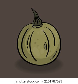 Green ripe vector pumpkin in cartoon style. Colorful autumn design element for Thanksgiving and Halloween.  Doodle vegetable isolated on dark background