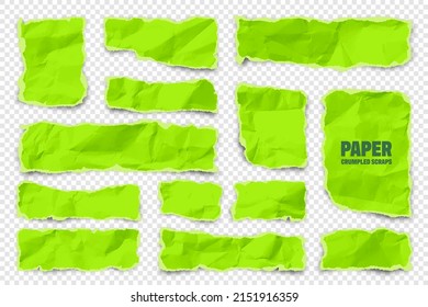 Green ripped paper strips. Realistic colorful crumpled paper scraps with torn edges. Shreds of notebook pages. Vector illustration