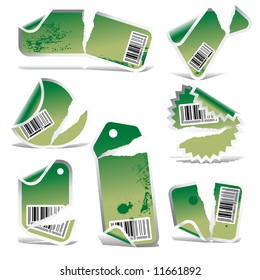 green ripped tag and sticker set with bar codes
