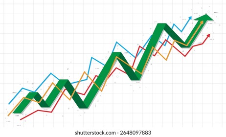 Green up rising arrow path with blue, red, yellow support indicator arrows path with grey cyber elements template