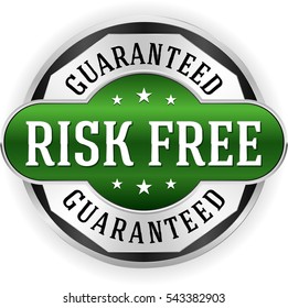 Green risk free badge /button with silver border on white background
