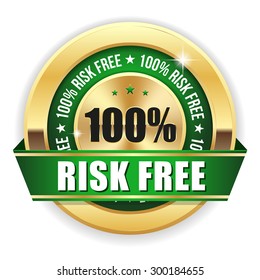 Green Risk Free Badge With Gold Border And Ribbon On White Background