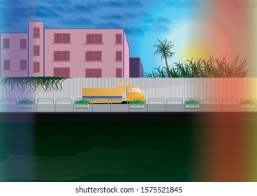 Green river behind a large city