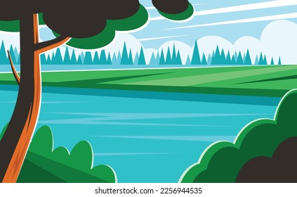 Green riverbank and blue sky. River at the forest. Vector illustration
