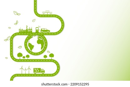 Ruta verde y ciudad para el desarrollo de la sostenibilidad y concepto de energía alternativa, Fondo de plantilla con espacio de copia Ilustración vectorial