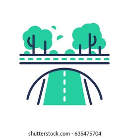 Green Road - modern vector single line icon. An image of a paved emerald way, trees, bushes, forest. Representation of nature, health, eco lifestyle, better tomorrow.