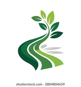 Green Road Path with Growing Leaves Logo Vector