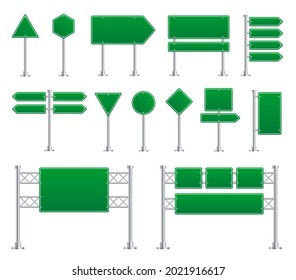 Green road sign. Board directional signs, metal highway and street boards. City traffic blank banners, way direction isolated exact vector collection