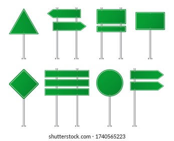 Green road sign for haghway, street. Blank signage for direction in travel. Isolated billboard template for city. Information metal plate of location in way. Traffic signpost mockup. Vector