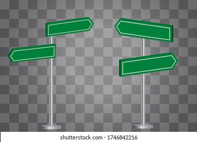 Green road sign indicating direction. Empty street signpost. Vector image. Stock Photo.