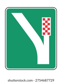 Green road sign indicating the direction of an escape lane for vehicles with brake failure. Used on highways and mountain roads to guide drivers toward an emergency runaway truck ramp.