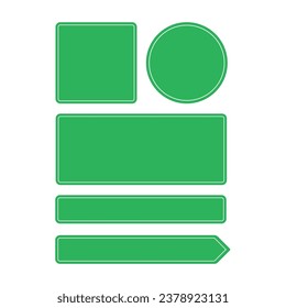 Green road sign set isolated on white background. Blank traffic signs templates for a text. Information boards different sizes for your message. Vector illustration in realistic style. EPS 10.