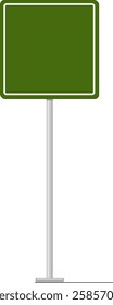 Green road sign with white frame standing on a metal pole providing guidance and information for drivers and pedestrians, ensuring road safety and smooth traffic flow