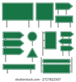 Sinais de estrada verdes são isolados por vetores. Ilustração de diferentes sinais de estrada com espaço vazio para sua mensagem. Elemento de design do banner. Placa, placa de estrada mostrando a direção.