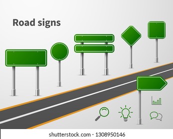 Green road sings. Banner traffic street route, blank direction highway city signpost location concept