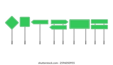 Green  road traffic signs of difference shape. Blank street signboards set. Set green road signs isolated on a white background. Vector illustration